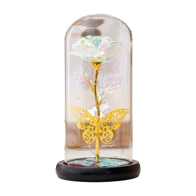 Forever Flower Gold Foil Rose Flowers In Glass Dome with LED Light Valentine's Day Gift Mother's Day Wedding Anniversary X3UC