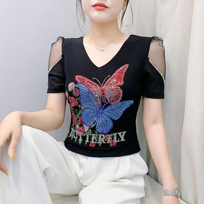 New European Brand Women's Clothes T-shirt Sexy V-Neck Luxury Butterfly Hot Diamonds Girls Tops Fashion Summer Short Sleeve Tees