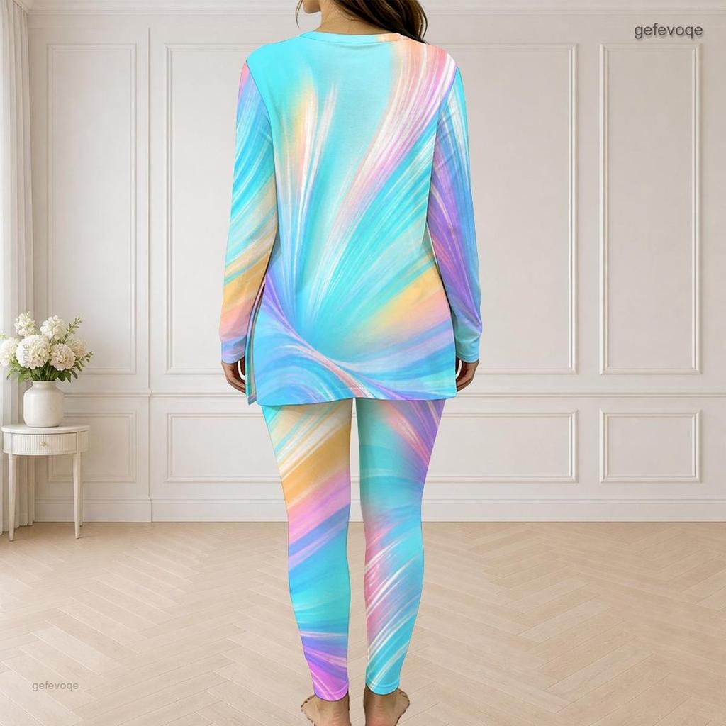 Women Plus Size Printed Two Piece Set Half Zip Long Sleeve Longline Top Fitted Pants