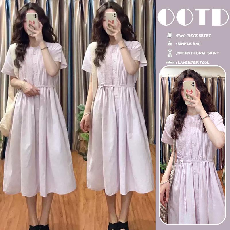2026 Japanese Style Purple Maternity Dress - Accordion Pleat, Round Neck, A-Line. 2XL