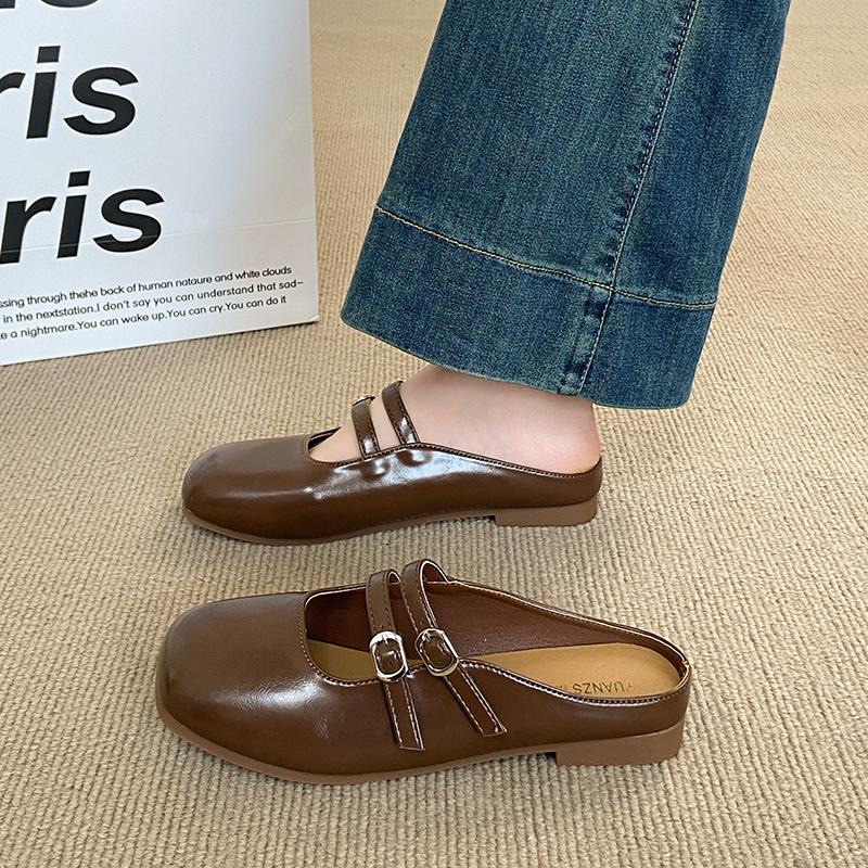 Fashion CRLAYDK Mules for Women Flats Leather Buckle Strip Slip On Ladies Square Toe Backless Loafers Ladies Dress Comfortable Shoes