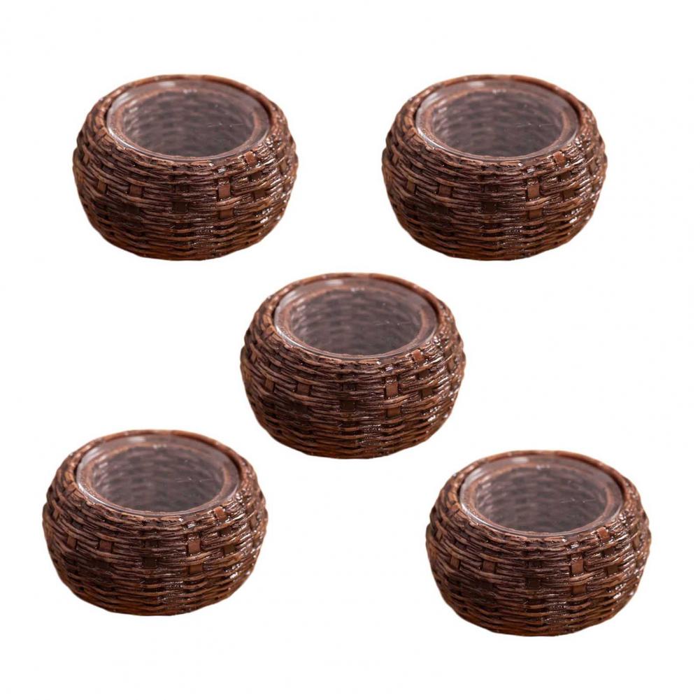 Miniature Decorative Basket Resin Mini Basket 5 Pcs Fairy Garden Micro Mini Resin Rattan Baskets Dollhouse Woven Basket Decor