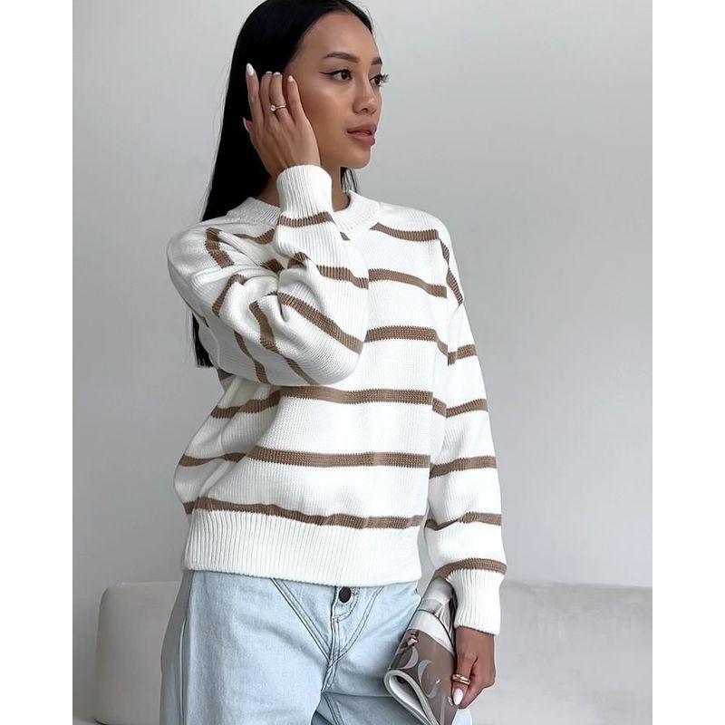 European and American Striped Knitted Round Neck Pullover Long Sleeve Bottoming Shirt Outdoor Sweater Women Knitted Sweater