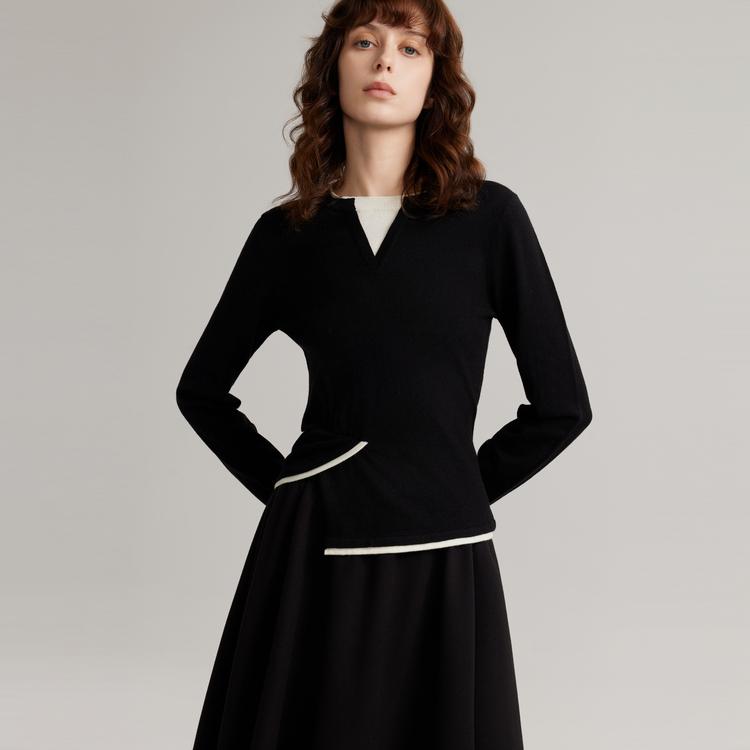 ELLE Solid Color French Style High-End Color Block Pullover Soft Fashion Long Sleeve Sweater Women Sweater Black EZ40256