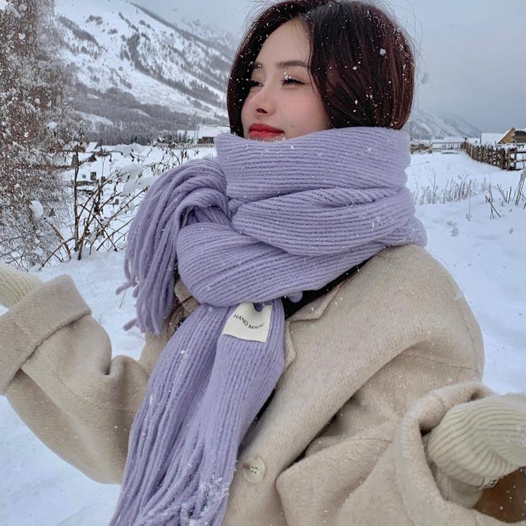 Korean Style Knitted Woolen Scarf for Women Winter New Solid Color White Student Long Warm Scarf High End