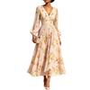 Women's Floral Print V-Neck Long Sleeve Dress with Pleated Skirt and Cinched Waist