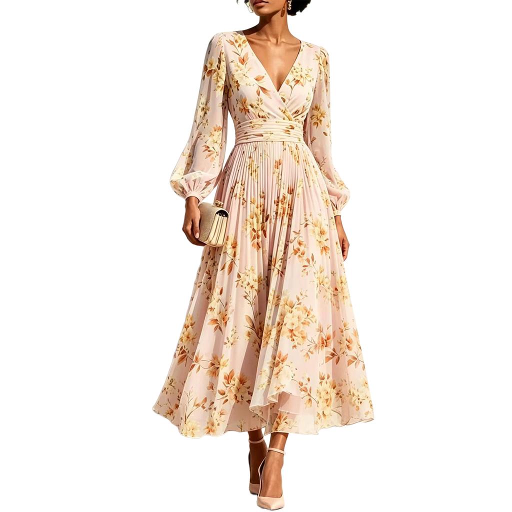 Women's Floral Print V-Neck Long Sleeve Dress with Pleated Skirt and Cinched Waist