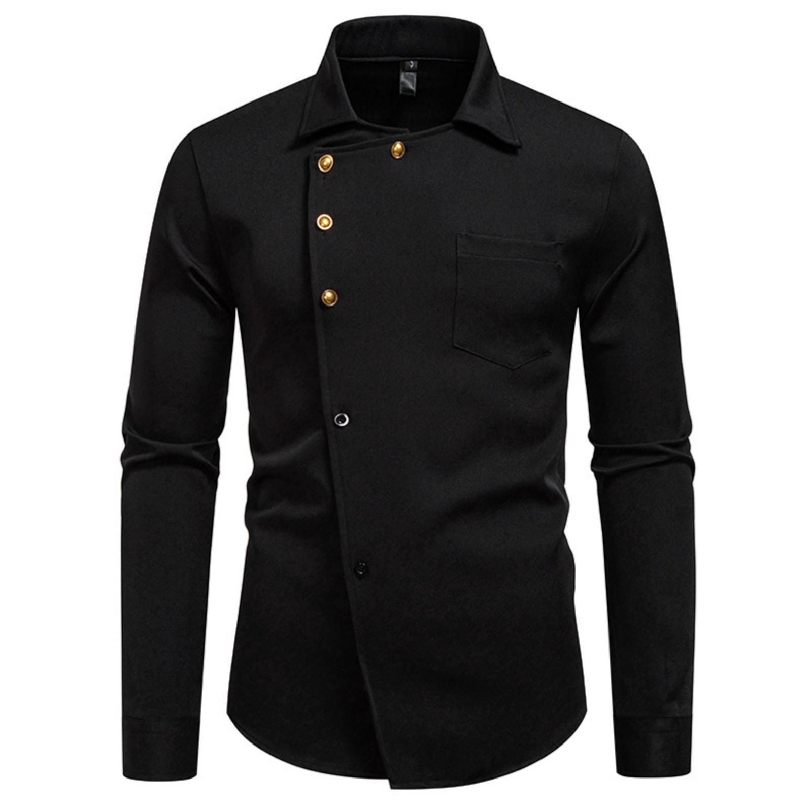 

Мужская повседневная однотонная рубашка с длинным рукавом, Мужская приталенная рубашка с косыми пуговицами и отложным воротником L чёрный
