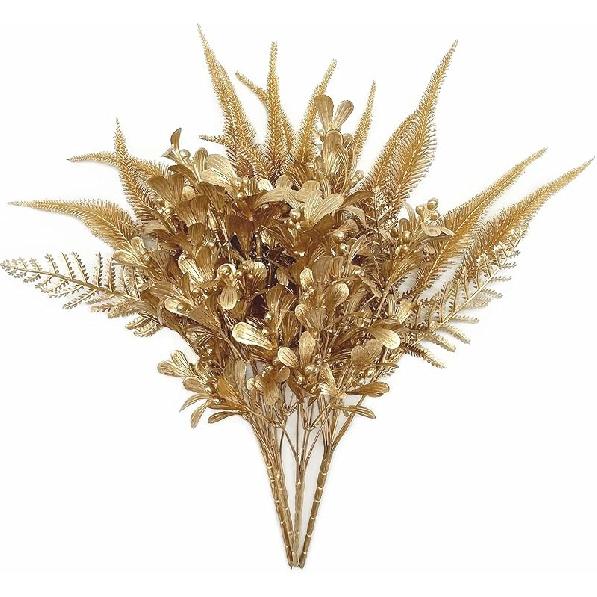 PASYOU Fake Leaves Plants for Christmas Decor, Gold Artificial Shrubs Grass Foliage Plastic Bulk Leaf Indoor Outdoor Home Garden Party Hotel Verandah