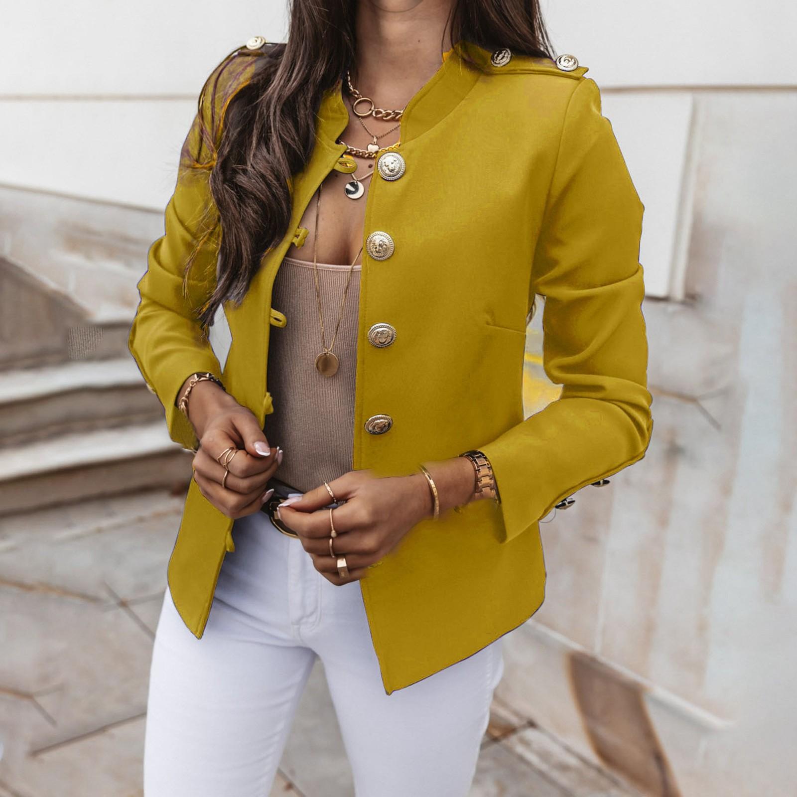 

Женский повседневный однотонный тонкий костюм с длинными рукавами и небольшой грудью, короткая куртка XXXL жёлтый