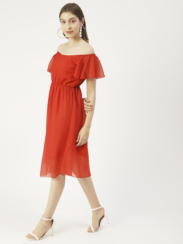 Moomaya Printed Off-Shoulder Poly Georgette Midi Dress Cinched Long Dress