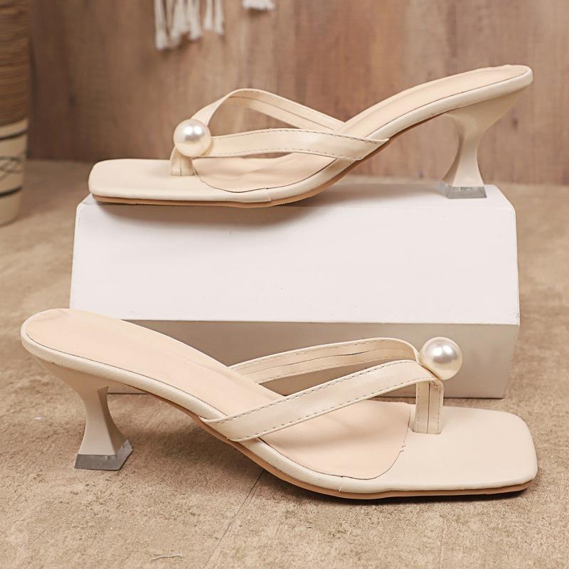 Fashion 2025 New Fashion Mid Heel Flip Flops Women's Beaded Summer Sandals Clip Toe Dress Pumps Comfortable Casual Sandalias De Mujer