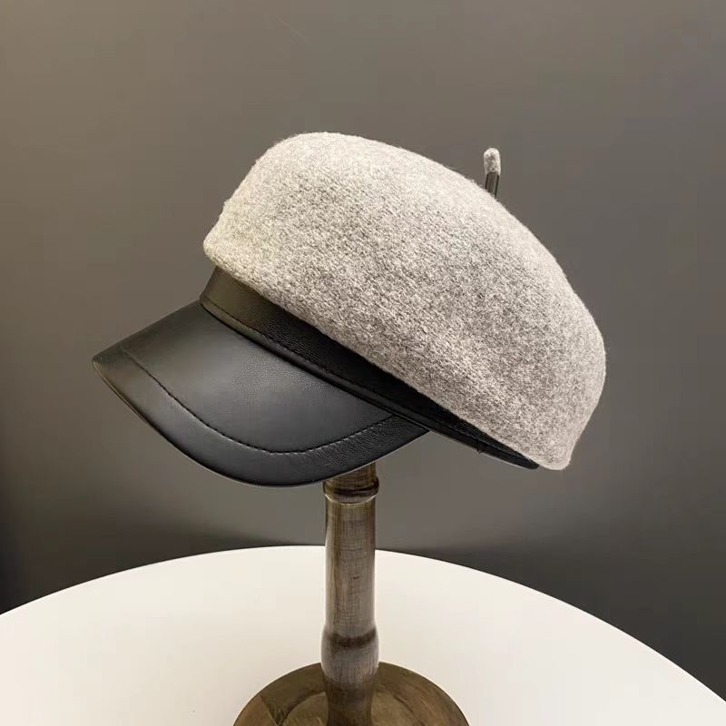 

Простая восьмиугольная шляпа с козырьком из ПУ кожи, женская осенне-зимняя шерстяная кепка с козырьком, универсальная шляпа газетчика one size