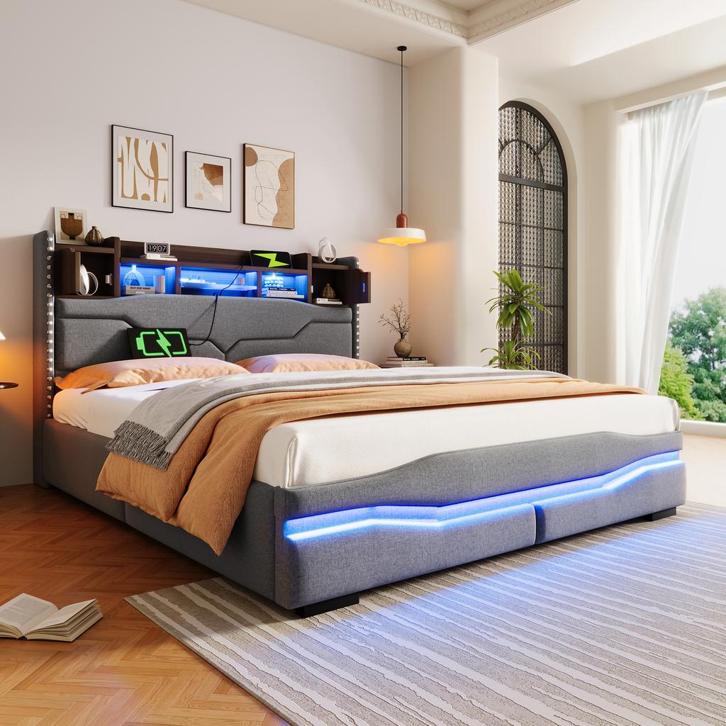 Upholstered Bed, 160x200cm, with USB C Charging Function, Headboard with Storage Compartment, Hydraulic Bed, without Mattress, With LED Lights, Grey