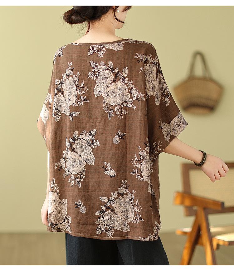 Damen Leinen Baumwolle Blumenmuster Bluse Freizeit Fledermausärmel Locker geschnittenes Hemd