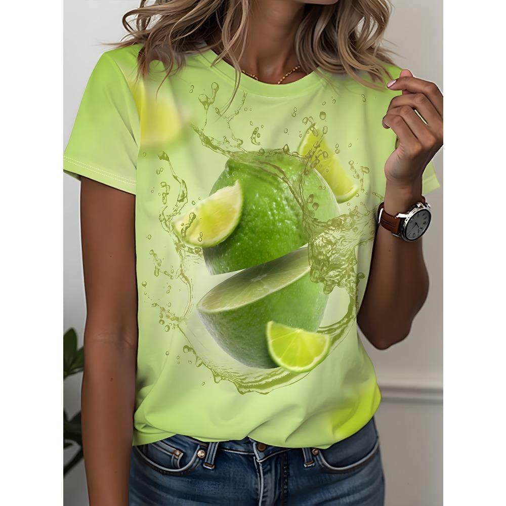 

Women s Vibrant Lemon & Lime Print T-Shirt - Soft stretch polyester crew neck short-sleeve top with neon green and yellow citrus design XL