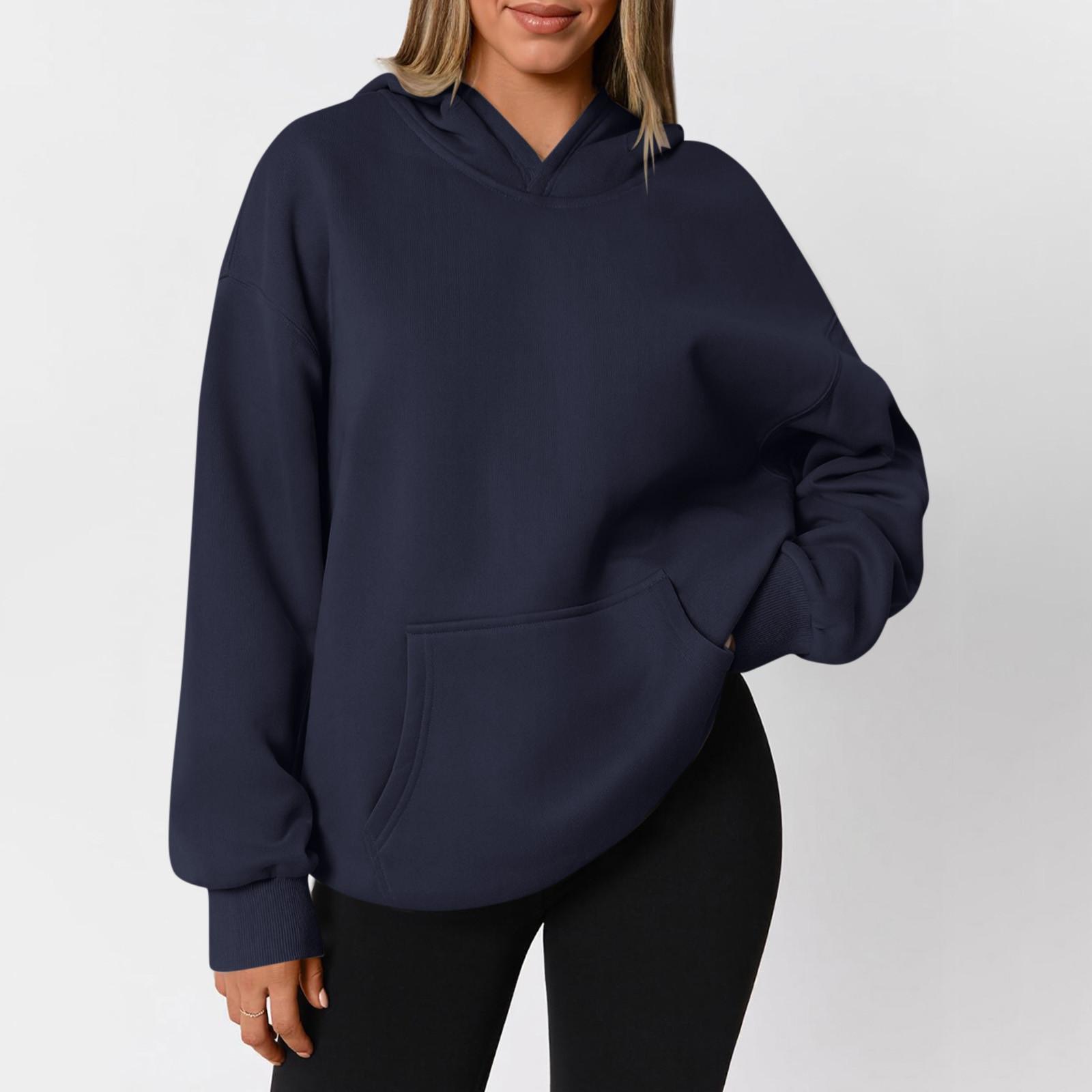 

Women s Fashion Zipper Hoodie Long Sleeve Hooded Pullover Sweatshirt Casual Solid Color Tops With Pockets XXL тёмно-синий