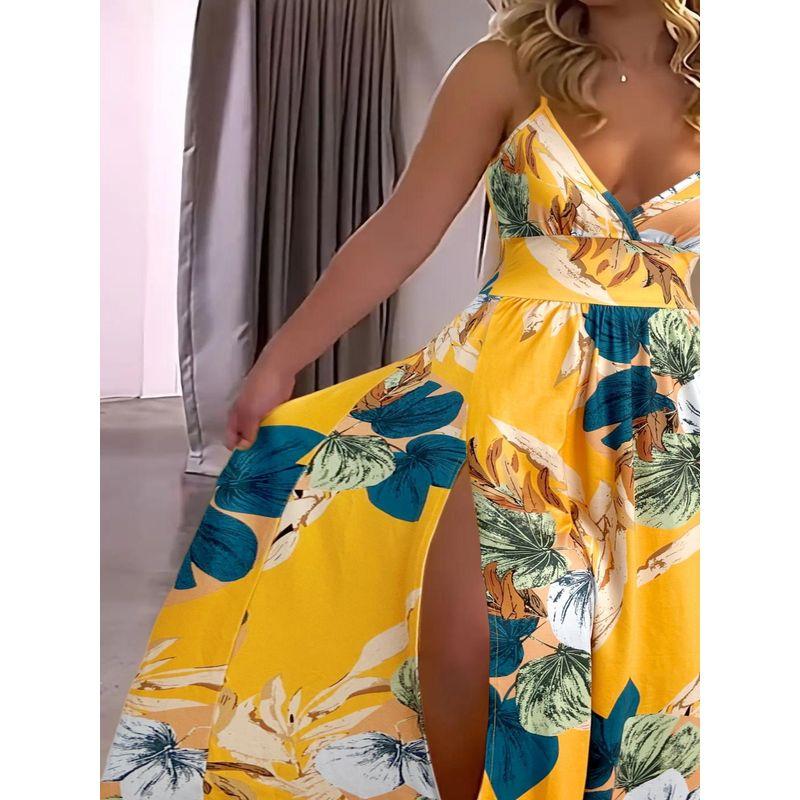 European and American Dress Slimming Solid Sling Trailing Banquet Yellow Formal Dress Women Dress
