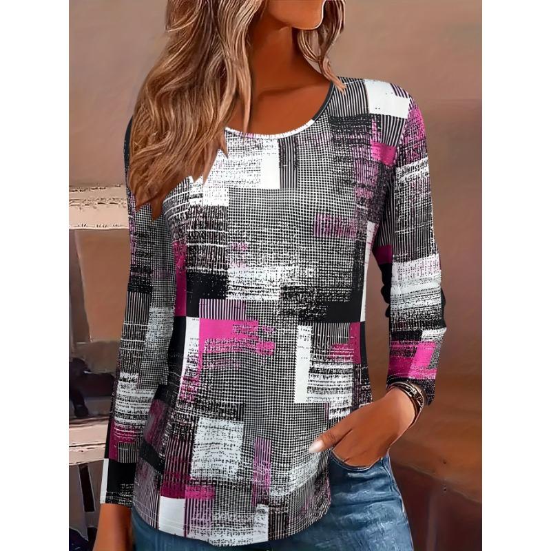 Živé celoplošné 3D potisk tričko s dlouhým rukávem a kulatým výstřihem - Dámské ležérní jarní a podzimní oblečení Pohodlný volný střih pulovr