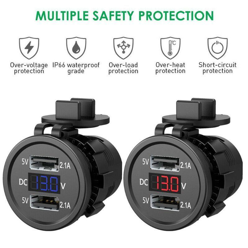 5V 2.1A Waterproof Dual Ports USB Charger Socket Adapter Power Voltage Display Voltmeter for 12-24V