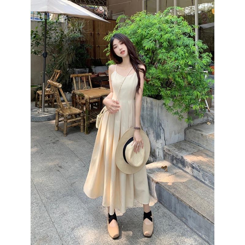 

Летнее новое платье-слинг, элегантное, обтягивающее, стройнящее, средней длины, плиссированное платье XL бежевый