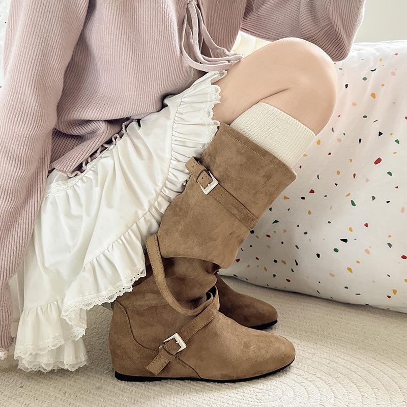 Leather Version~ Inner Height Increase 5cm Retro Western Fashion Boots Women's Knee High Boots Medium Heel Martin Boots Knight Boots