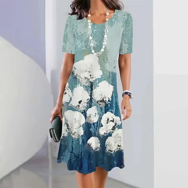 Elegant Women Short Sleeve Fashion 3d Print Midi Dress Plus Size Beach Clothing