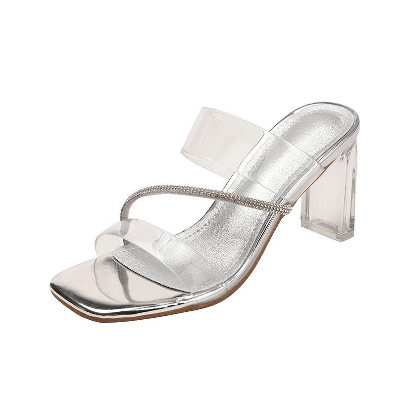 Rhinestone Transparent Crystal Heel Beautiful Sandals Women's Thick Heels Slippers High Heels Wear Sandals with Skirt
