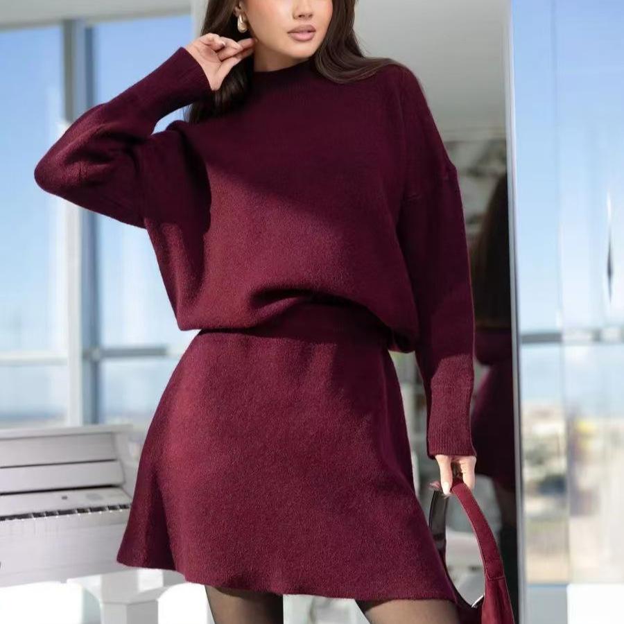 European and American style semi-turtleneck sweater set women's autumn and winter new loose knitted A-word hip-wrapped skirt two-piece set