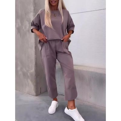 Women's Fashion Casual Spring Autumn Solid Color Print 3/4 Sleeves O-Neck Trousers Pants Suits