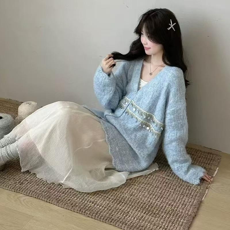 Women Sequin Decorated Solid Color Sweater Lazy Style Loose Fitting V-neck Knitted Sweaters Autumn Fashion Versatile LadySingle Breasted Top Coat
