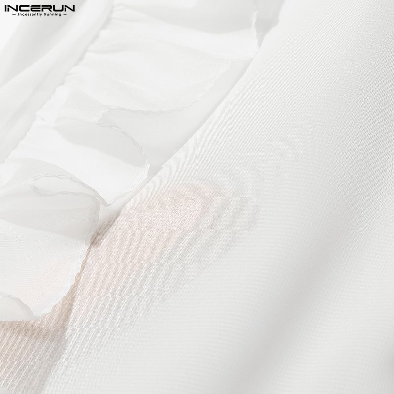 INCERUN Oversized Men Lapel Neck Long Sleeve Ruffled See Through Transparent Party Club Loose Shirts