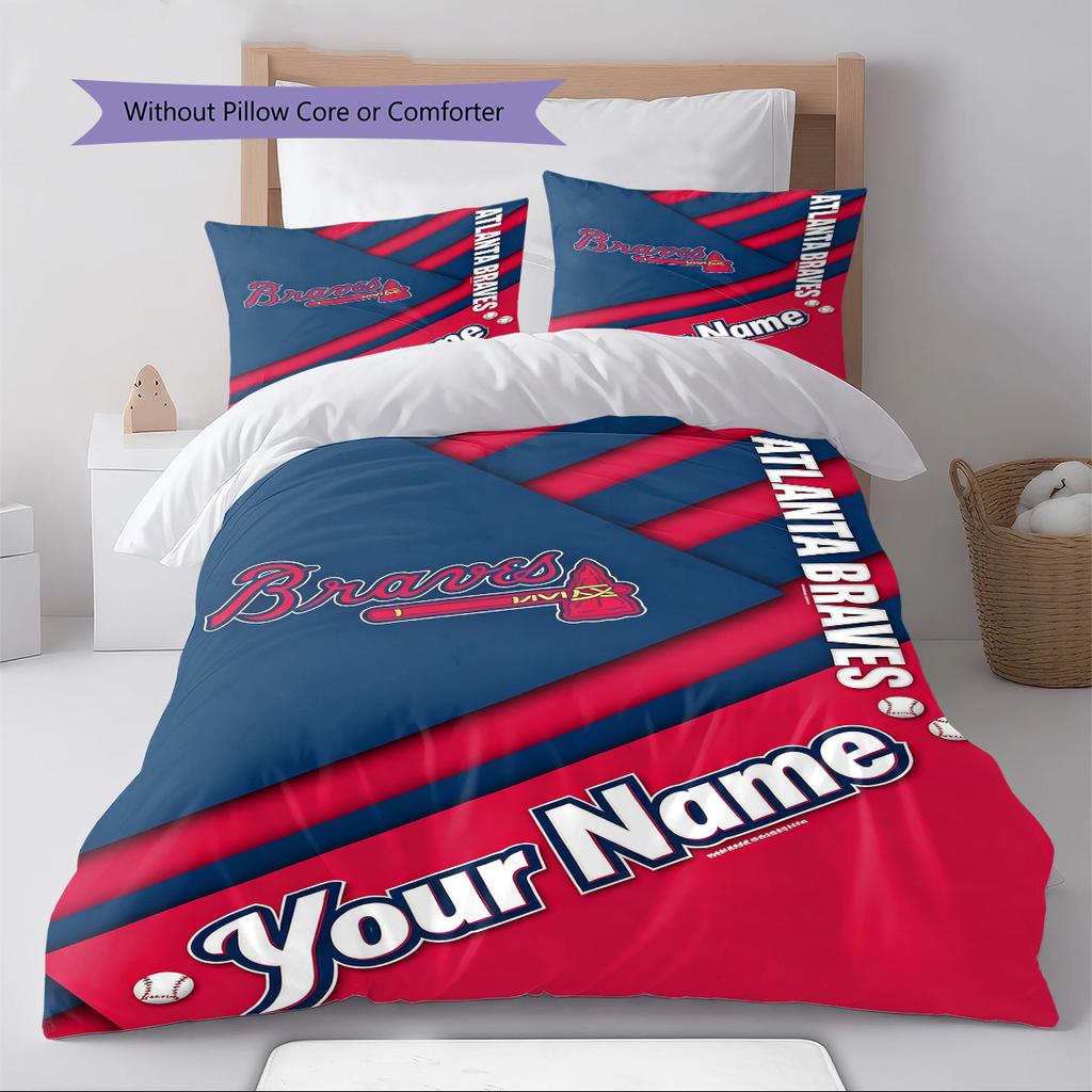 Name Custom Atlanta Braves Pattern Bedding Set Quilt Cover Pillowcase Home Decor Gift (1 * Duvet Cover + 2 * Pillowcase, Without Core)