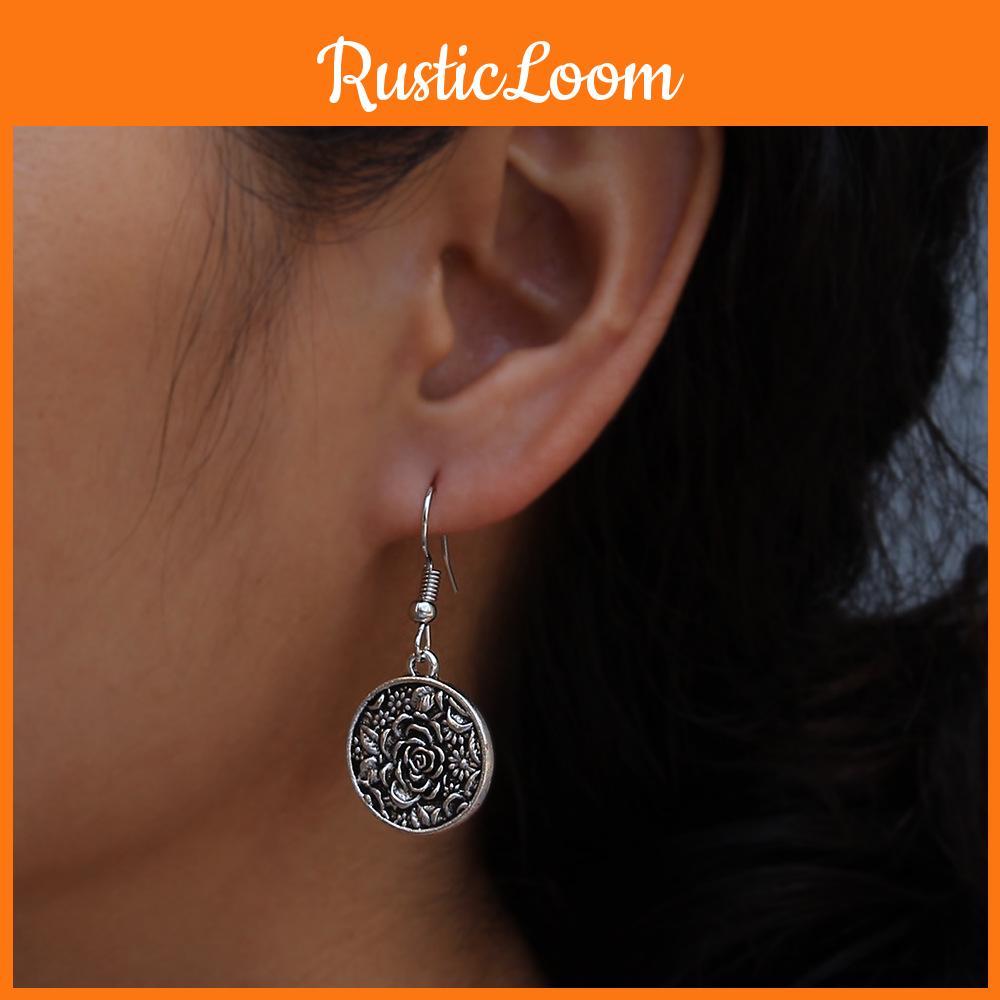 Stylish Metal Drop Earrings With Vintage Flower Pattern For Festive Occasions