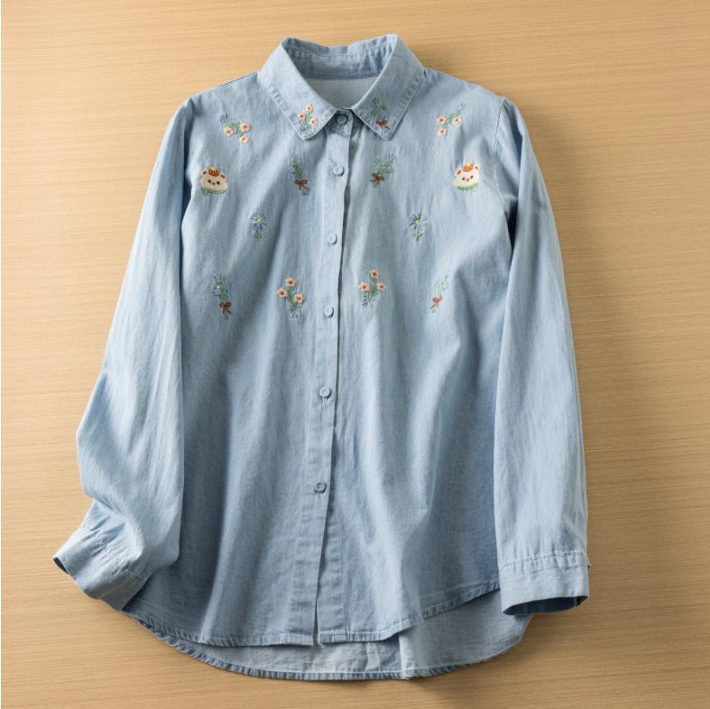 Haftowana koszula z długim rękawem z spranego dżinsu, damska, wiosenna i jesienna, uroczy jednorzędowy kardigan z dżinsu