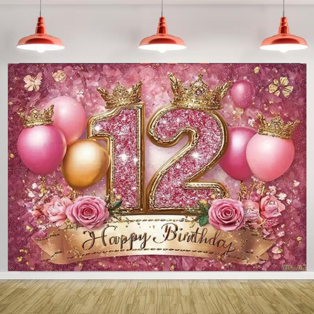 Happy 12th Birthday Banner Black Gold Balloon Background Party Decoration Boys Girls Birthday  Photography Backdrop Kids Gifts
