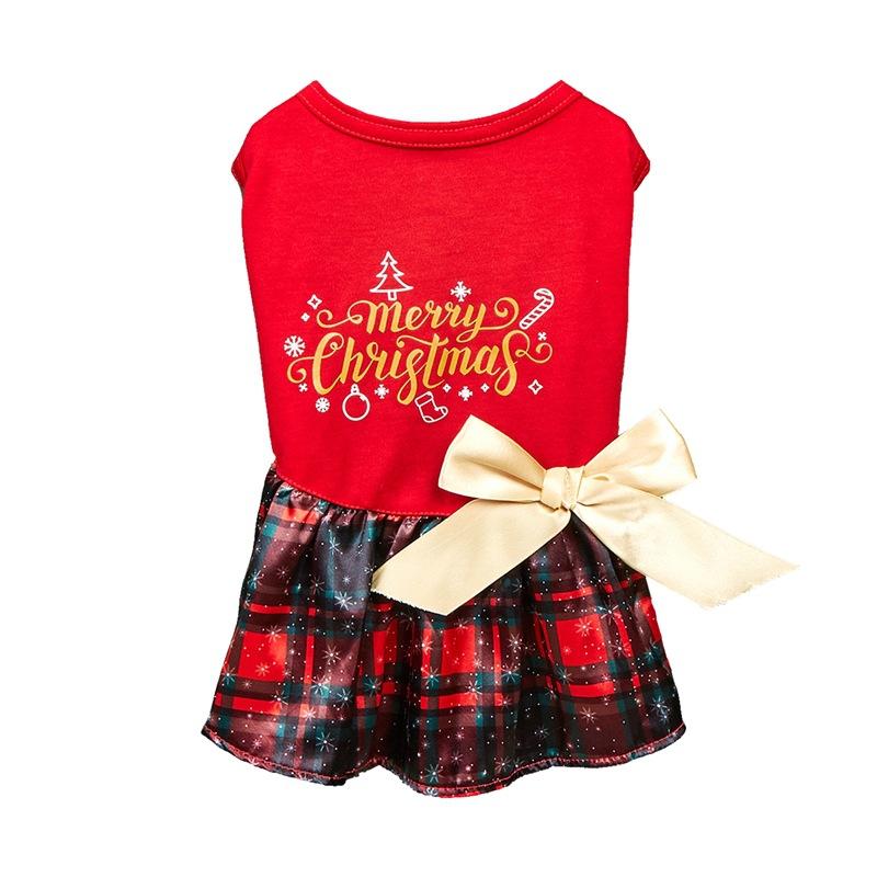 European and American Hot-Selling Bow Ribbon Cat Clothes Christmas Print Teddy Dress Dog Dress Pet Princess Dress