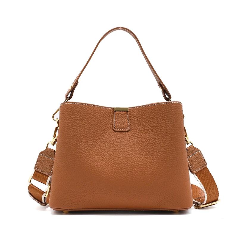 Genuine Leather Shoulder Bucket Bag Women Basket Tote Soft Handbag Genuine Leather Women Fashi Commuter One-shoulder Handbag