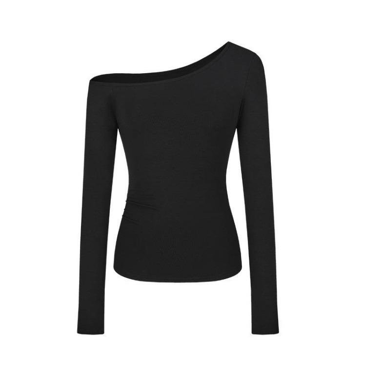 Early Autumn Off the Shoulder Long Sleeve Shirt Slim Thin Women Top Student Versatile Bottoming Design Clothing S чёрный