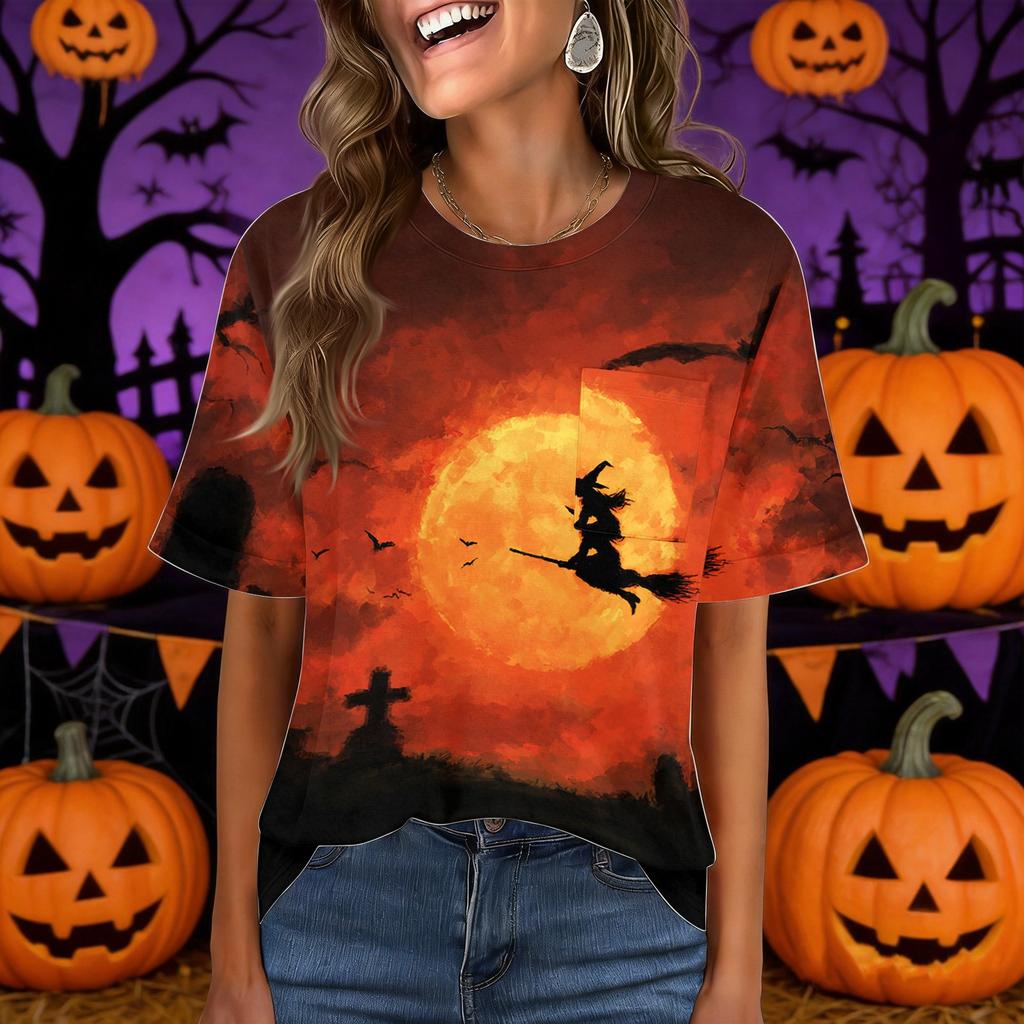 Women's Casual Short Sleeve Pullover Top Halloween Print Round Neck Pocket Design Loose Fit Comfortable T Shirt for Everyday Wear