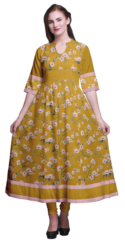 Bimba Gold Leaves & Peony Floral Printed Womens AnarkaliA  KurtiA  Kurta Flared Maxi Blouse