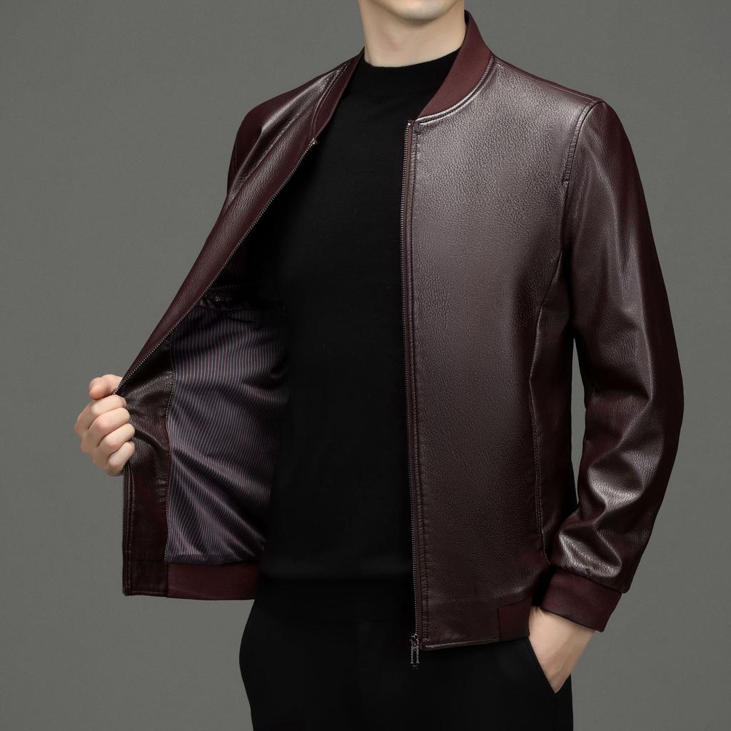 Men's Spring and Autumn Genuine Leather Jackets, Middle-aged Men's Casual Stand-up Collar Sheepskin Jackets, Dad Clothes