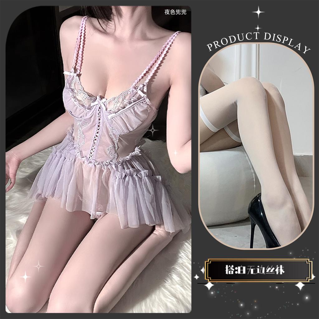 Erotic underwear French mesh sexy suspender nightdress hollow embroidery pure lace perspective girl