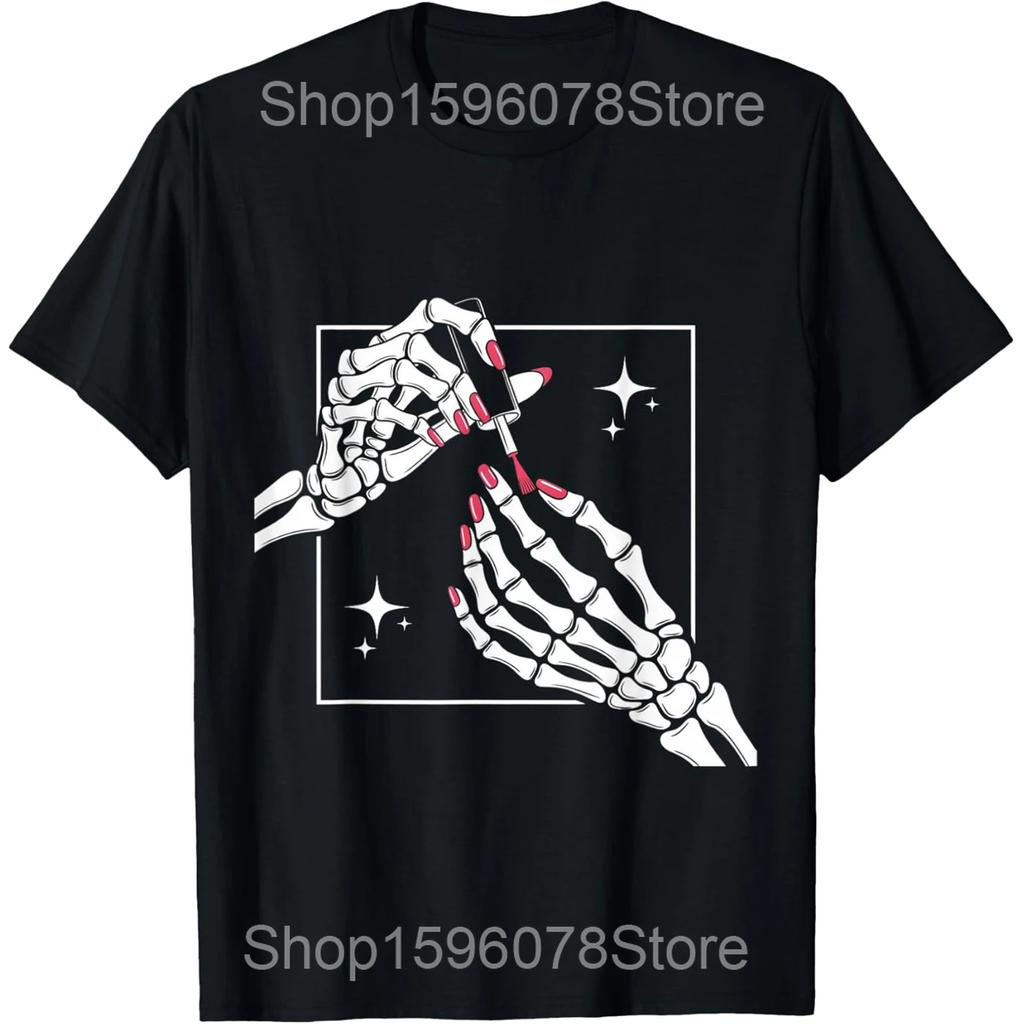 Skeleton Hands Manicure Red Nails Polish T Shirts Men Women Pure Humor Streetwear Tee Shirt Short Sleeve Unisex Loose Clothing