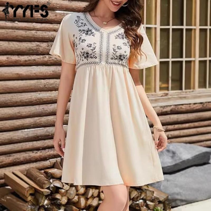 YYFS Women's Fashion Summer Spring Flower Pattern Print Short Sleeve V-Neck High Waist Casual Dresses