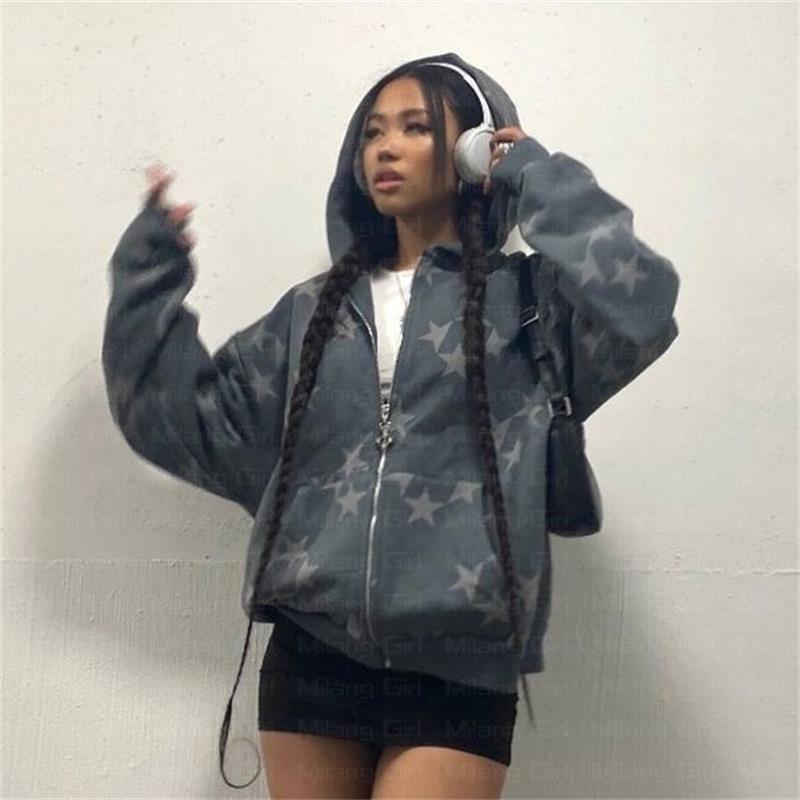Vintage Mode Bright Star Fairy Gruge Herren Langarm Zip Hoodie Jacke Super Size Paar Street Y2K Kleid Emo Pullover Top