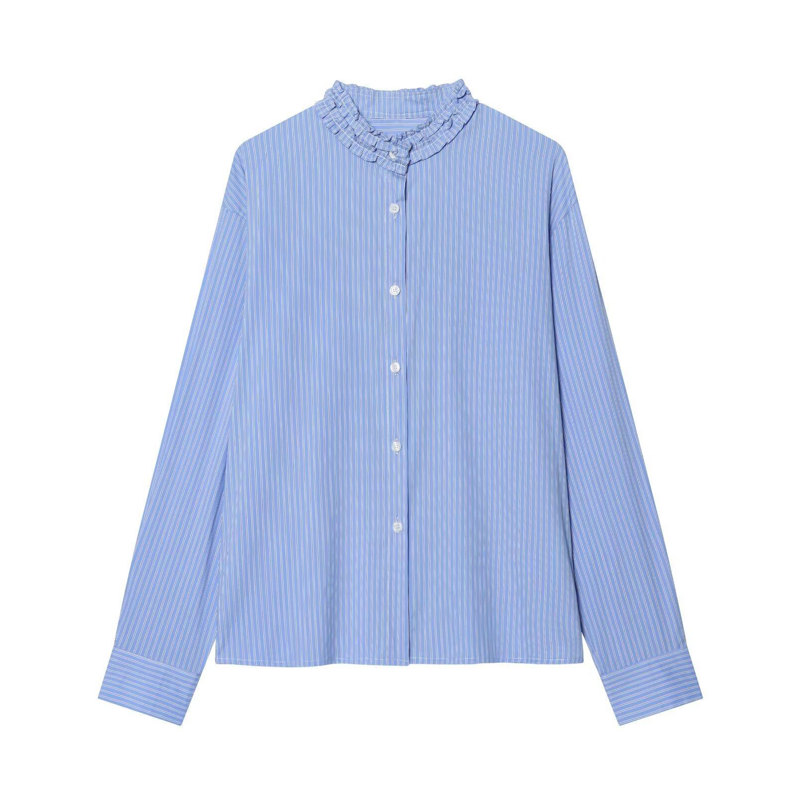 European and American style, new women s clothing, foreign style, fashionable, fashionable and versatile wooden ear edge striped shirt S