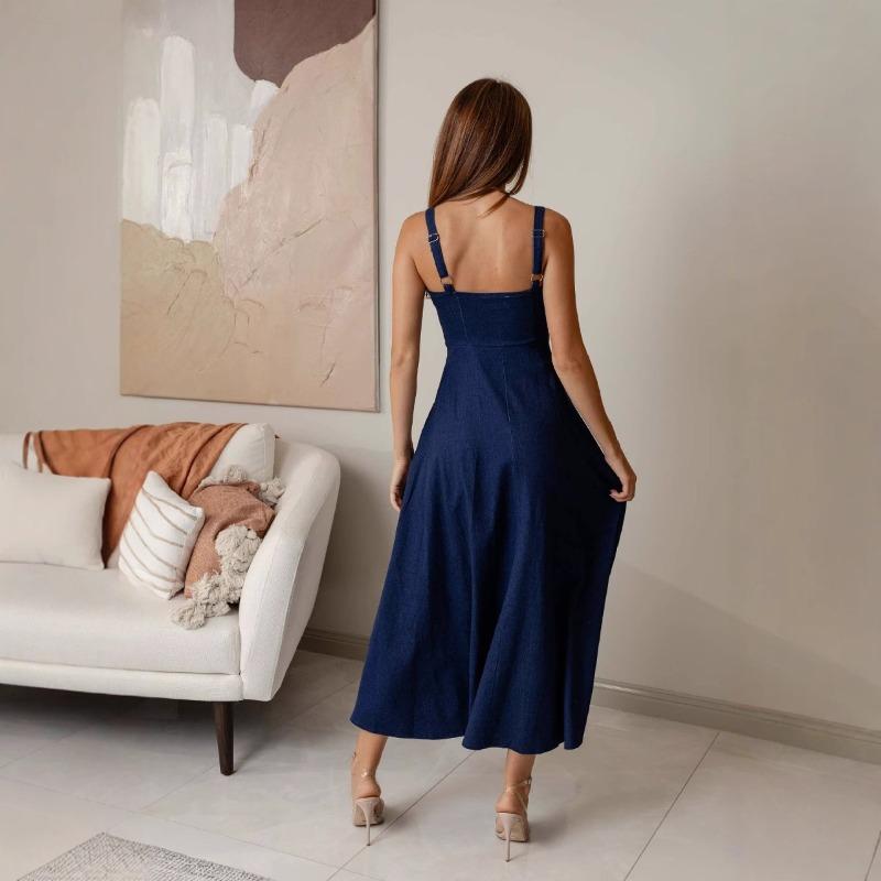 Neues Hosenträger-Kleid Sommermode Sexy Rückenfrei Ärmellos Denim-Kleid für Damen