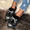 Women's Slip-On Winter Slippers with Rhinestone Bow Plush Faux Fur-Like Collar