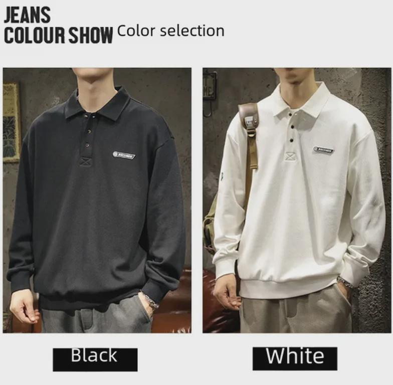 Men's White Chinese Cotton Polo Sweater: Long Sleeve, Velvet-Lined, Autumn/Winter.